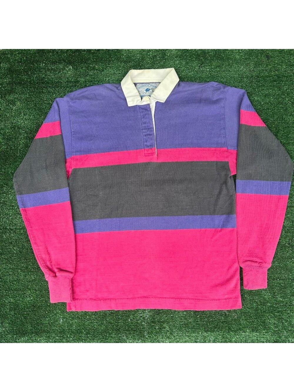 Vintage 90s Lands' End Striped Rugby Polo Shirt Magenta Purple Colorblock Preppy